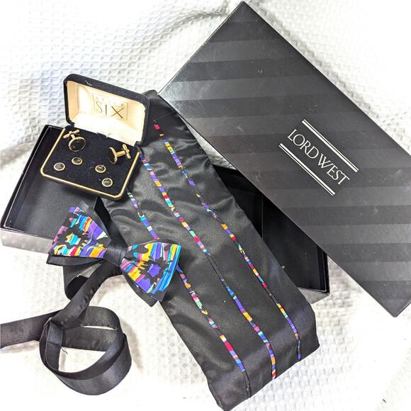 NWT! LORD WEST! EXQUISITE SATIN BOW TIE, CUMMERBUND, STUDS SET, BLACK/RAINBOW! - Picture 1 of 8